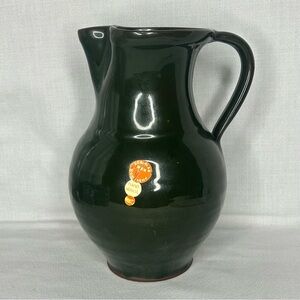 Green Hand Crafted Glazed Terra Cotta Pitcher Vase w/ Pinched Spout 9”x6”